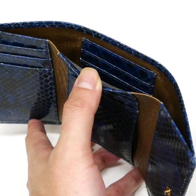 財布 小銭入れなし 折り財布 札入れ メンズ レディース 本革 パイソン革 蛇革 ヘビ革 ダイヤモンドパイソン革 グレージング 藍染_4