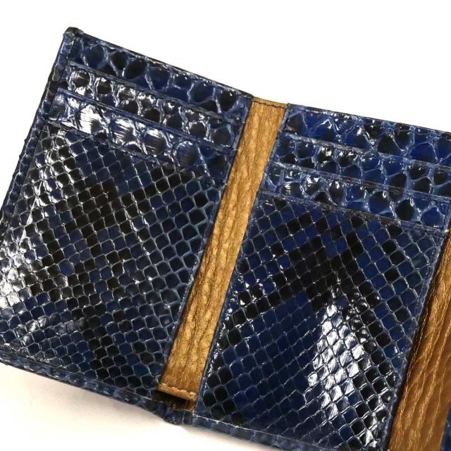 財布 小銭入れなし 折り財布 札入れ メンズ レディース 本革 パイソン革 蛇革 ヘビ革 ダイヤモンドパイソン革 グレージング 藍染_5