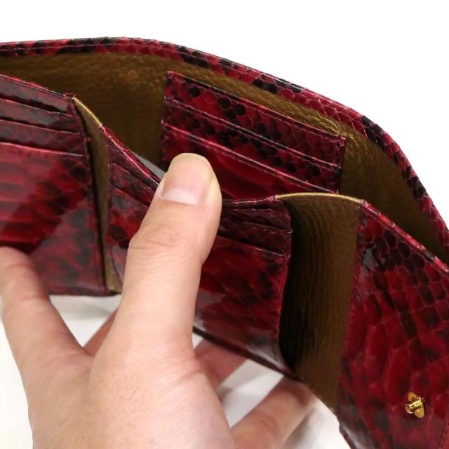 財布 小銭入れなし 折り財布 蛇革財布 札入れ メンズ レディース 本革 パイソン革 蛇革 ヘビ革 ダイヤモンドパイソン革 グレージング レッド_4