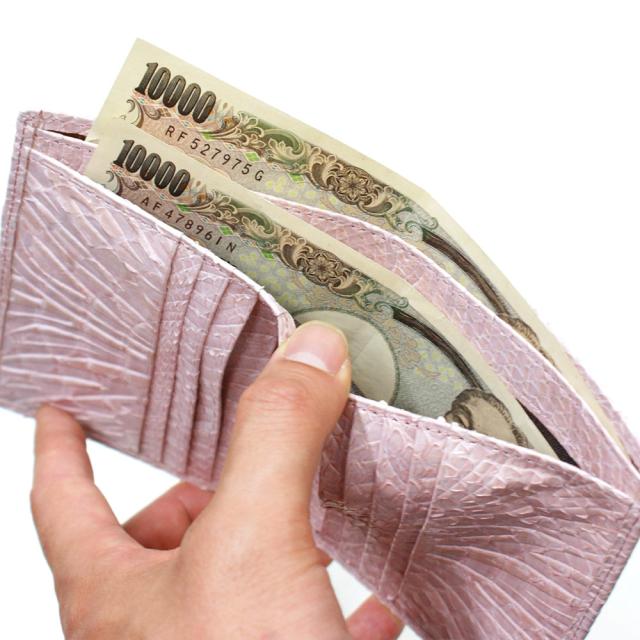 蛇革財布 財布 二つ折り財布 折り財布 無双仕様 小銭入れ無し カード収納 メンズ財布 パイソン革 蛇革 サイフ さいふ 札入れ 本革財布 日本製 ウェーブ風型押し仕上げ ピンク_4