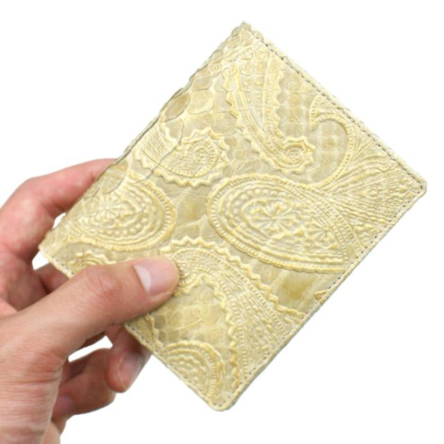 蛇革財布 財布 二つ折り財布 折り財布 小銭入れ無し カード収納 メンズ財布 パイソン革 蛇革 サイフ さいふ 札入れ 本革財布 日本製 ペイズリー柄 ゴールド_1