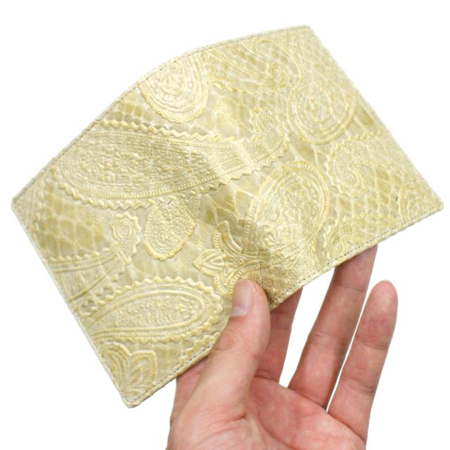 蛇革財布 財布 二つ折り財布 折り財布 小銭入れ無し カード収納 メンズ財布 パイソン革 蛇革 サイフ さいふ 札入れ 本革財布 日本製 ペイズリー柄 ゴールド_2