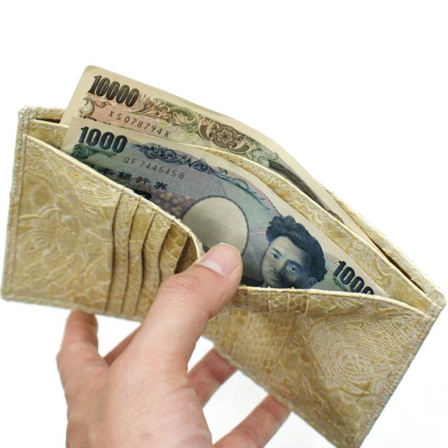 蛇革財布 財布 二つ折り財布 折り財布 小銭入れ無し カード収納 メンズ財布 パイソン革 蛇革 サイフ さいふ 札入れ 本革財布 日本製 ペイズリー柄 ゴールド_4