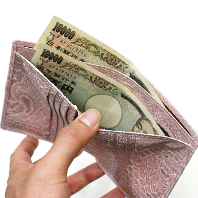 蛇革財布 財布 二つ折り財布 折り財布 小銭入れ無し カード収納 レディース財布 パイソン革 蛇革 サイフ さいふ 札入れ 本革財布 日本製 ペイズリー柄 ピンク