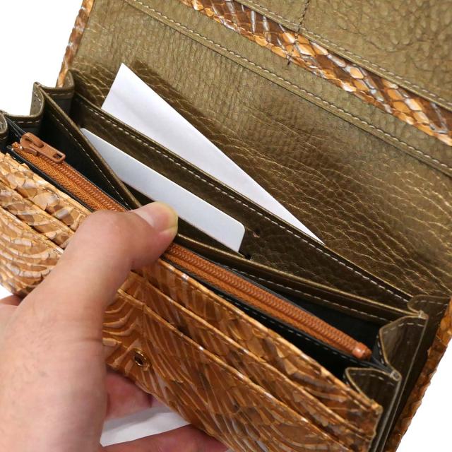 パイソン 財布 長財布 万能タイプ 蛇革 ヘビ革 パイソン革 ダイヤモンドパイソン ウェーブ オレンジ ３_6
