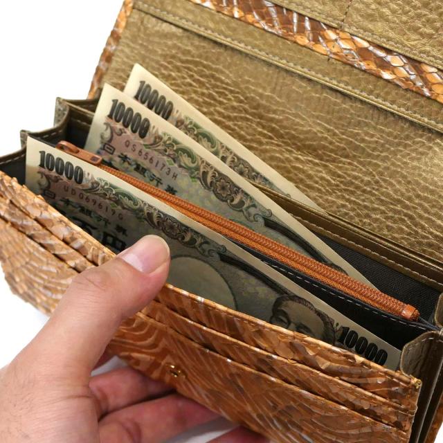 パイソン 財布 長財布 万能タイプ 蛇革 ヘビ革 パイソン革 ダイヤモンドパイソン ウェーブ オレンジ ３_8