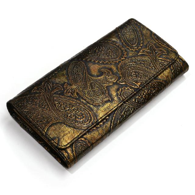 長財布 本革 パイソン 財布 万能タイプ 小銭入れあり パイソン革 蛇革 ヘビ革 カード収納 ポケット収納 仕切り収納 大容量 長札 レザー財布 本革長財布 日本製 ペイズリー柄 ダークイエロー 2