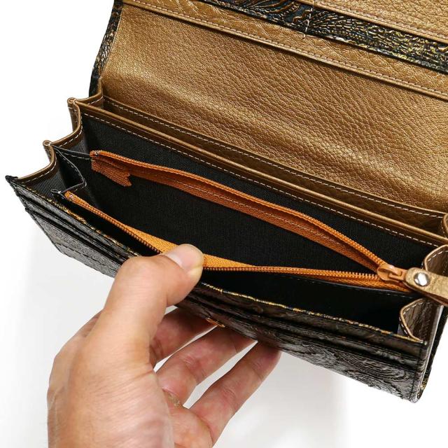 長財布 本革 パイソン 財布 万能タイプ 小銭入れあり パイソン革 蛇革 ヘビ革 カード収納 ポケット収納 仕切り収納 大容量 長札 レザー財布 本革長財布 日本製 ペイズリー柄 ダークイエロー 2_7