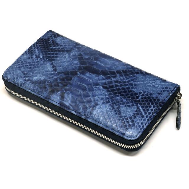 藍染ラウンドファスナー長財布 蛇革 パイソン 財布 絞り染め