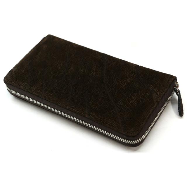 ラウンドファスナー財布 長財布 本革 天然レザー エレファントレザー 象革 ゾウ革 チョコ