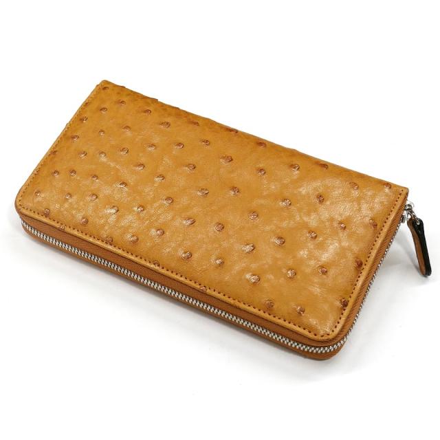 長財布 ラウンドファスナー長財布 レディース メンズ 本革 オーストリッチ ダチョウ革 キャメル