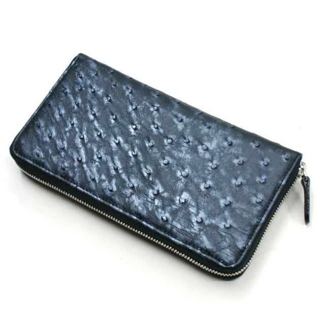 長財布 ラウンドファスナー メンズ レディース 財布 長札 大容量 オーストリッチ革 駝鳥革 本革 レザー 男女兼用 ラグジュアリー ブラックシルバー