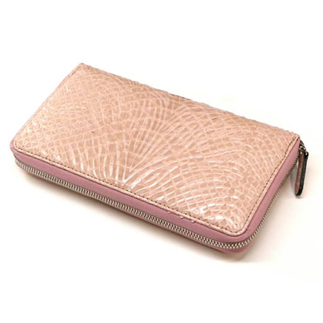 ラウンドファスナー長財布 ファスナー財布 パイソン 財布 本革 パイソン革 蛇革 ヘビ革 ダイヤモンドパイソン ウェーブ柄 ピンク