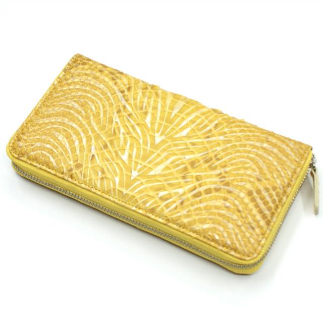 ラウンドファスナー パイソン 財布 長財布 本革 ファスナー財布 小銭入れあり 大容量 カード収納 レディース財布 メンズ財布 パイソン革 蛇革 ヘビ革 ラウンド財布 ロングウォレット 本革長財布 日本製 ウェーブ風型押し仕上げ イエロー