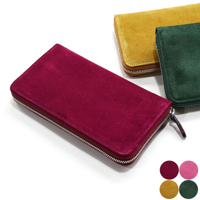 ピッグスキン 豚革 スウェード ラウンドファスナー 長財布 ラウンド ジッパー財布 B 各色 ワイン ピンク イエロー グリーン