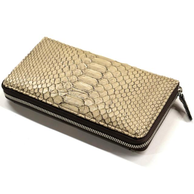 パイソン革長財布 蛇革 ラウンドファスナー ゼブラベージュ