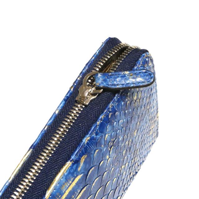 藍染ラウンドファスナー長財布 蛇革 パイソン 財布 リーフ絞り染めゴールド