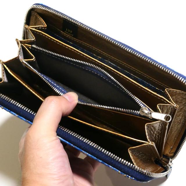 藍染ラウンドファスナー長財布 蛇革 パイソン 財布 リーフ絞り染めゴールド