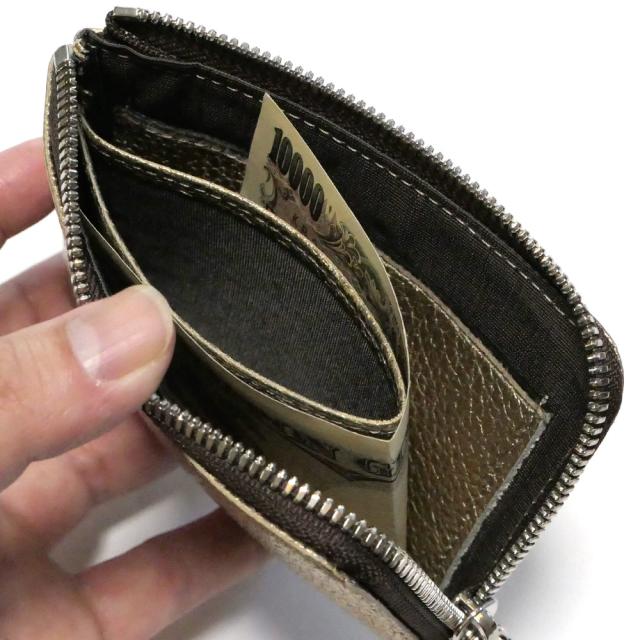 L字ファスナー財布 メンズ レディース 小銭入れあり カード収納 薄型 コンパクト 本革 牛革 シマ— ゴールド
