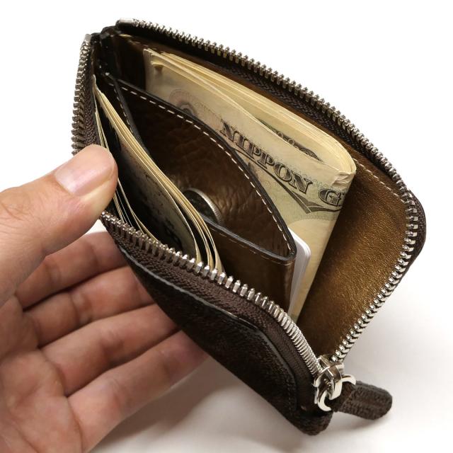 L字 ラウンドファスナー財布 薄型 コンパクト 本革 エレファントレザー