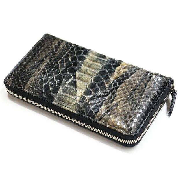 パイソン革長財布 蛇革 ラウンドファスナー ハードシェードブラック
