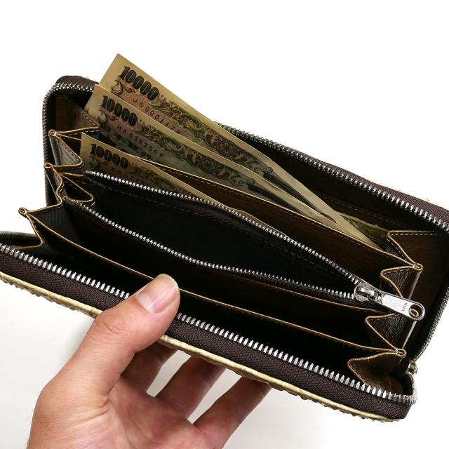 ラウンドファスナー長財布 小銭入れあり パイソン 財布 本革 ウェーブ風型押し仕上げ ベージュ_2
