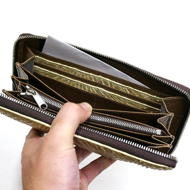 ラウンドファスナー長財布 小銭入れあり パイソン 財布 本革 ウェーブ風型押し仕上げ ベージュ_3