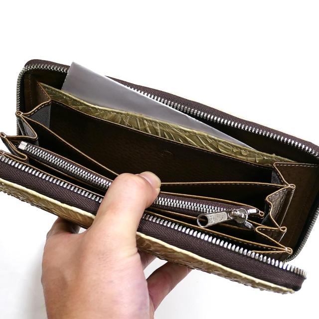 ラウンドファスナー長財布 小銭入れあり パイソン 財布 本革 ウェーブ風型押し仕上げ ベージュ_4