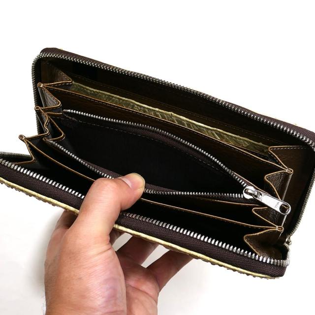 ラウンドファスナー長財布 小銭入れあり パイソン 財布 本革 ウェーブ風型押し仕上げ ベージュ_5