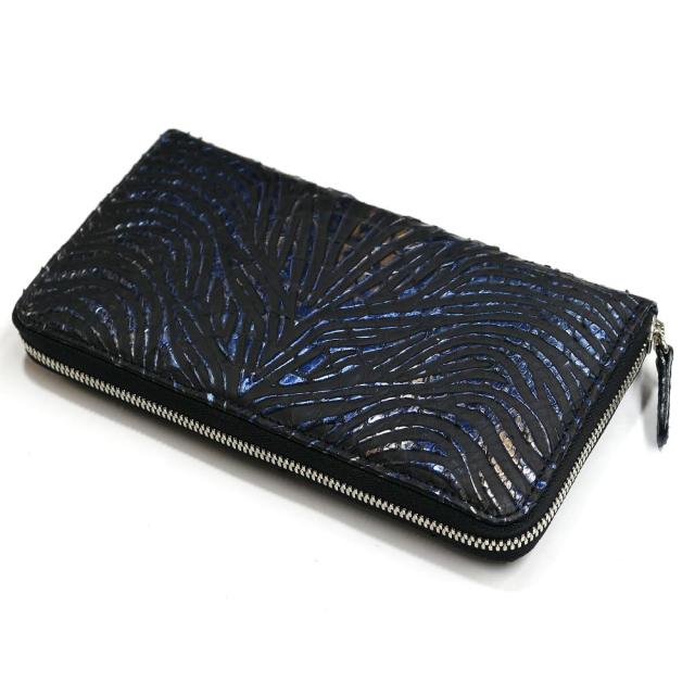 ラウンドファスナー長財布 本革 パイソン 財布 小銭入れあり ウェーブ風型押し仕上げ ブラック