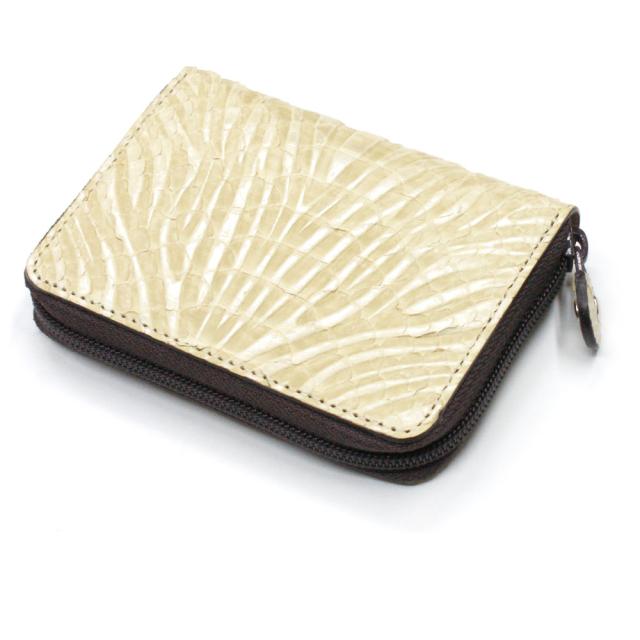 小銭入れ 本革 メンズ レディース ファスナー小銭入れ Ver.2 カード収納 コンパクト 財布 パイソン革 蛇革 ヘビ革 ケース 本革小銭入れ 日本製 ウェーブ柄 ベージュ