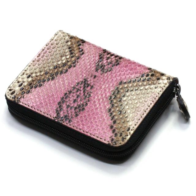 小銭入れ 本革 メンズ レディース ファスナー小銭入れ Ver.2 カード収納 コンパクト パイソン 財布 パイソン革 蛇革 ヘビ革 ケース 本革小銭入れ 日本製 手染め P０７ ピンク