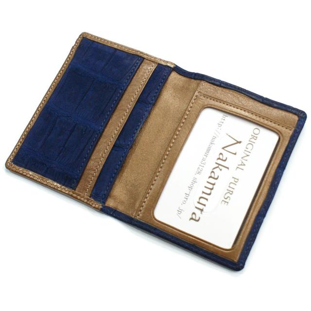 定期入れ パスケース 本革 レザー メンズ レディース クロコダイル ワニ革 二つ折り パス入 透明窓 カード入れ カード収納 ポイントカード ヌバック ブルー