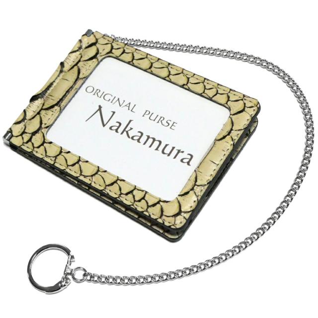 両面開き 二つ折り パスケース チェーン付き /  定期入れ idカードホルダー idケース カードホルダー / 本革 パイソン革 ヘビ革 ダイヤモンドパイソン / マダム