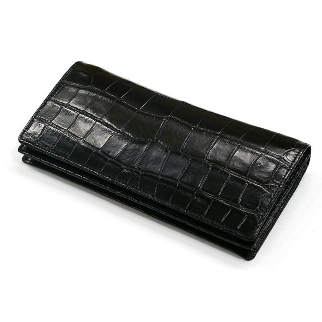 長財布 メンズ かぶせ 本革 札入れ ワニ革 クロコダイル 通しまち 小銭入れなし マット ブラック 2