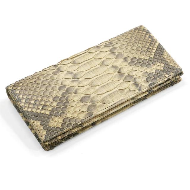 パイソン 長財布 財布 メンズ レディース 長札 ロング ウォレットパイソン革 蛇革 へび革 通しまち型 小銭入れ付 マット仕上げ ベージュ 2