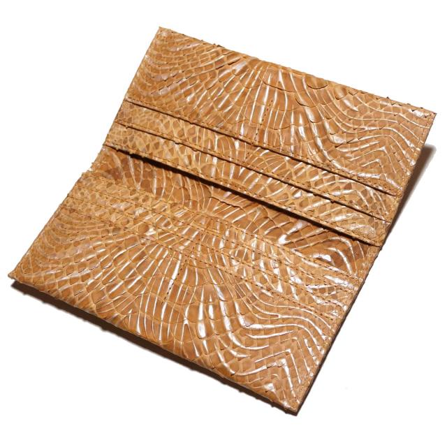 長財布 メンズ レディース ダイヤモンド パイソン 財布 蛇 ヘビ マチ無し 小銭入れ無し ウェーブ柄  オレンジ