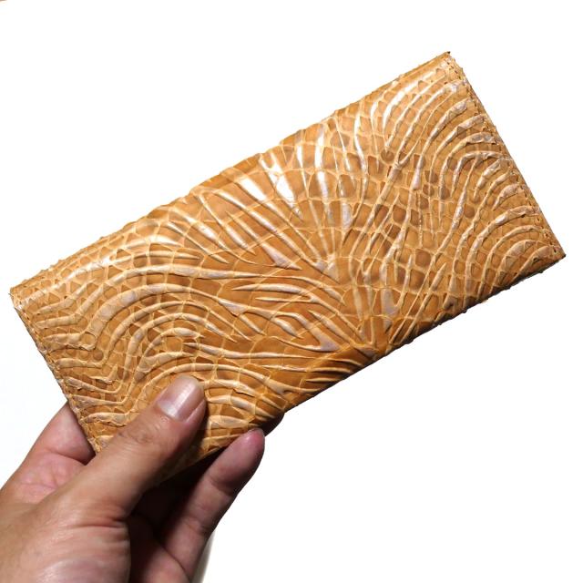 長財布 メンズ レディース ダイヤモンド パイソン 財布 蛇 ヘビ マチ無し 小銭入れ無し ウェーブ柄  オレンジ 長財布 メンズ レディース ダイヤモンド パイソン 財布 蛇 ヘビ マチ