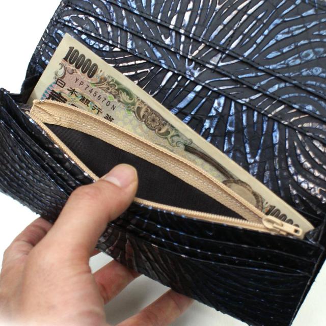 長財布 財布 メンズ レディース 笹マチ型 小銭入れあり 無双仕様 長札 ロング ウォレット へび革 パイソン革 パイソン 蛇革 本革財布 日本製 柄 ウェーブ柄 くろ 黒 クロ ウェーブ柄 ブラック_5