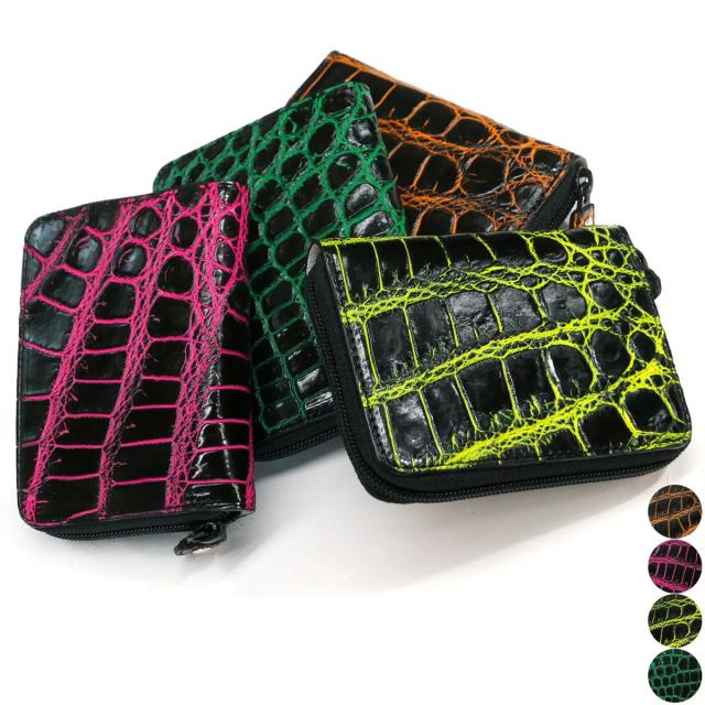 小銭入れ ケース ファスナー小銭入れ 本革 ワニ革 クロコダイル革 ネオンバリバー