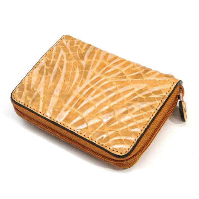 小銭入れ ケース ラウンドファスナー パイソン革 ヘビ革 本革 ダイヤモンドパイソン革 ウェーブ オレンジ