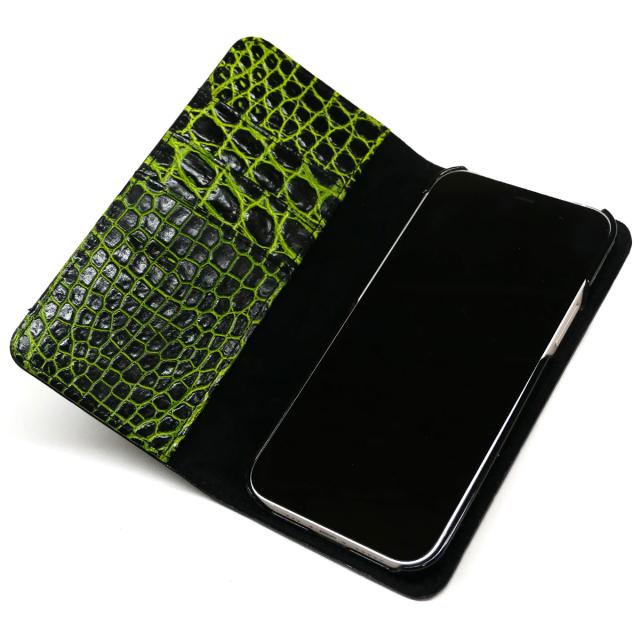 クロコダイル iphoneケース iPhone12 iPhone12Pro 手帳型 ケース iPhone12/12Pro対応 本革 ワニ革 鰐革 クロコダイル革 ネオンバリバー オリーブ