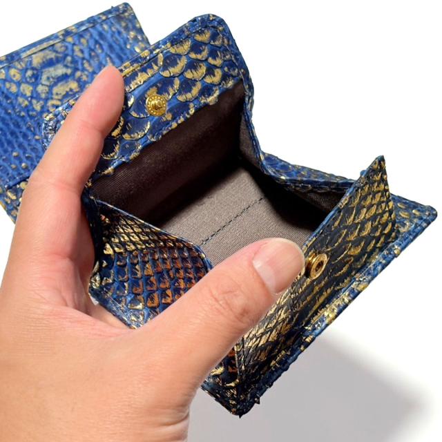 パイソン リーフ 藍染め 財布 二つ折り 本革 日本製 ワニ革 メンズ レディース 折り財布 ボックス型小銭入れ コンパクト スクエア 札入れ内カード収納 高級 レザー ギフト プレゼント_4