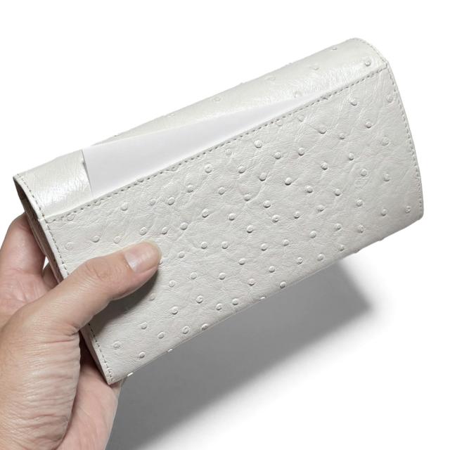 ギャルソン長財布 本革 オーストリッチ ホワイト 大きめ 収納力 高級感