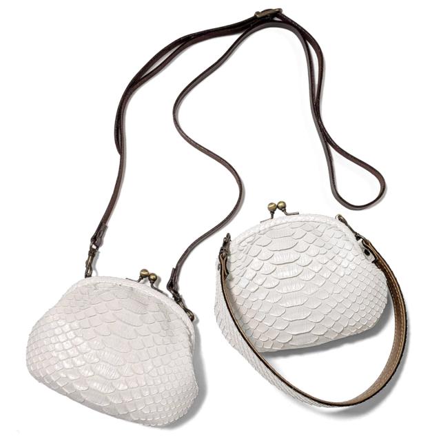 パイソン ホワイト 本革 がま口 ミニ バッグ 3WAY / ハンドベルト ショルダーベルト付属 色選択可能  / がまぐち 口金 ポシェット ハンドバック ショルダーバック ポーチ / エキゾチックレザー 蛇革 肩掛け 手提げ メンズ レディース