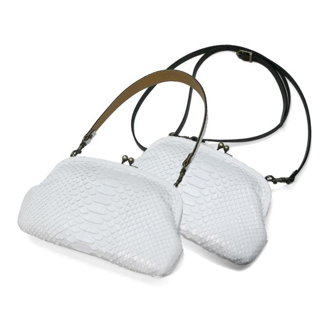 パイソン ホワイト 本革 がま口 バッグ 3WAY 横型 / ハンド ショルダーベルト付属 色選択可能  / がまぐち 口金 ポシェット ハンドバック ショルダーバック スマホショルダー スマホポーチ / エキゾチックレザー 蛇革 肩掛け 手提げ メンズ レディース