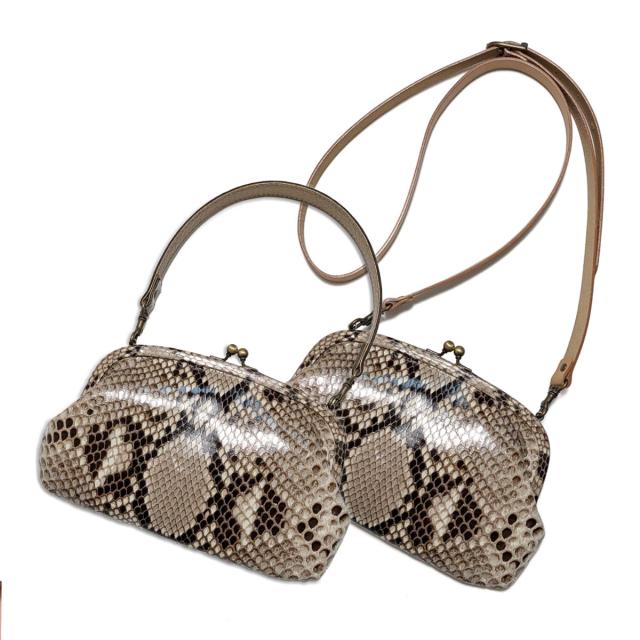 パイソン グレージング 本革 がま口 バッグ 3WAY 横型 / ハンド ショルダーベルト付属 色選択可能  / がまぐち 口金 ポシェット ハンドバック ショルダーバック スマホショルダー スマホポーチ / エキゾチックレザー 蛇革 肩掛け 手提げ メンズ レディース