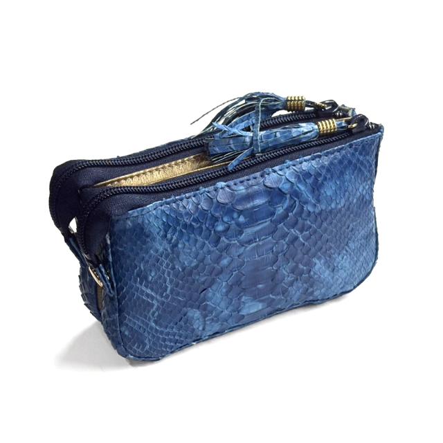 パイソン 群雲染め 本革 ポーチ ダブル ファスナー 通しマチ タッセル付き 化粧ポーチ メイクポーチ コスメポーチ 小物入れ バッグインポーチ レディース メンズ 蛇革 日本製