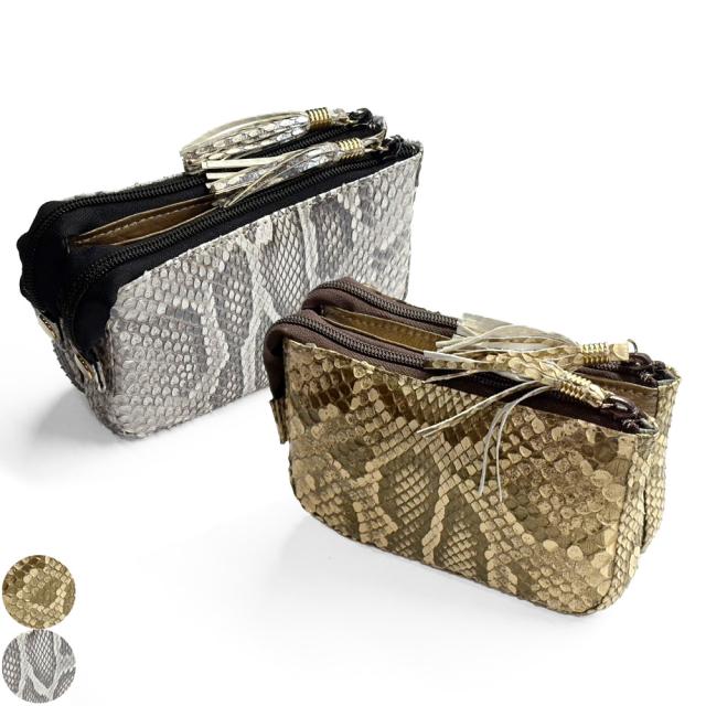 パイソン モラレス パール 本革 ポーチ ダブル ファスナー 通しマチ タッセル付き 化粧ポーチ メイクポーチ コスメポーチ 小物入れ バッグインポーチ レディース メンズ 蛇革 日本製