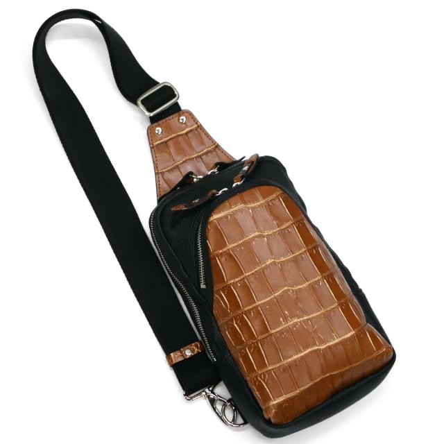 ボディバッグ メンズ レザー ショルダーバッグ 斜めがけ / 縦型 大容量 / 本革 ワニ革 クロコダイルレザー バリバー ブラウンゴールド